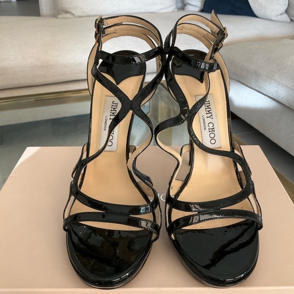Authentic Jimmy Choo Glossy Elaphe black patent strappy heels, sz. 39 - Picture 3 of 14
